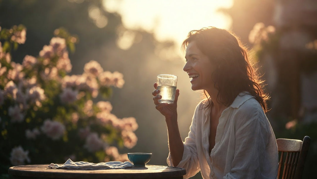 Frau mittleren Alters lacht mit einem Glas Wasser in der Hand an einem Gartentisch im Gegenlicht