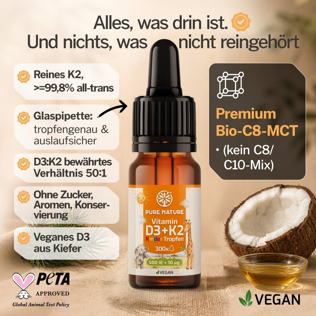 Kinder Vitamin D3 K2 Tropfen MCT-Öl 500 I.E.